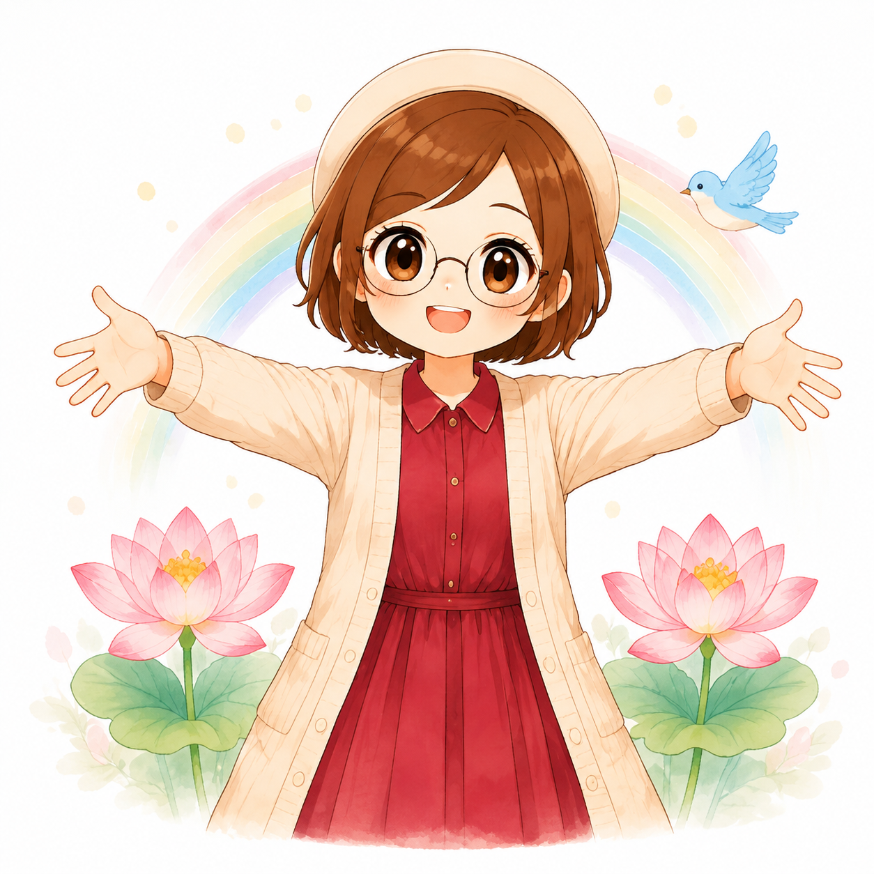 虹と蓮の間で両手を広げ、幸せな未来を迎えるあすみん