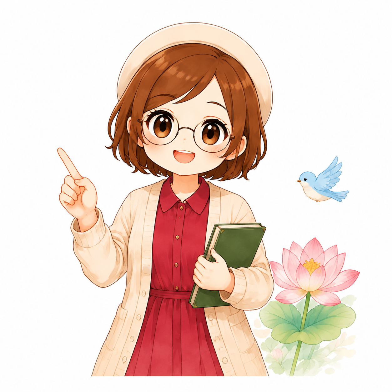 本を持ち、指をさして案内するあすみん