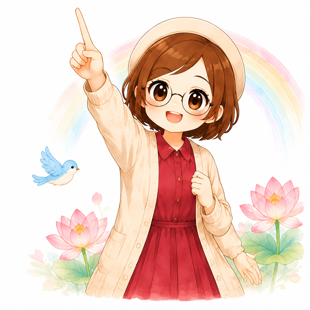 人差し指を上げ、希望やひらめきを伝えるあすみん