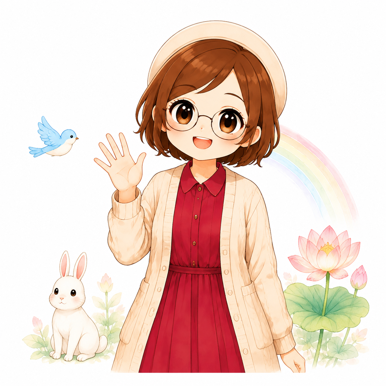 笑顔で手を振って挨拶するあすみん