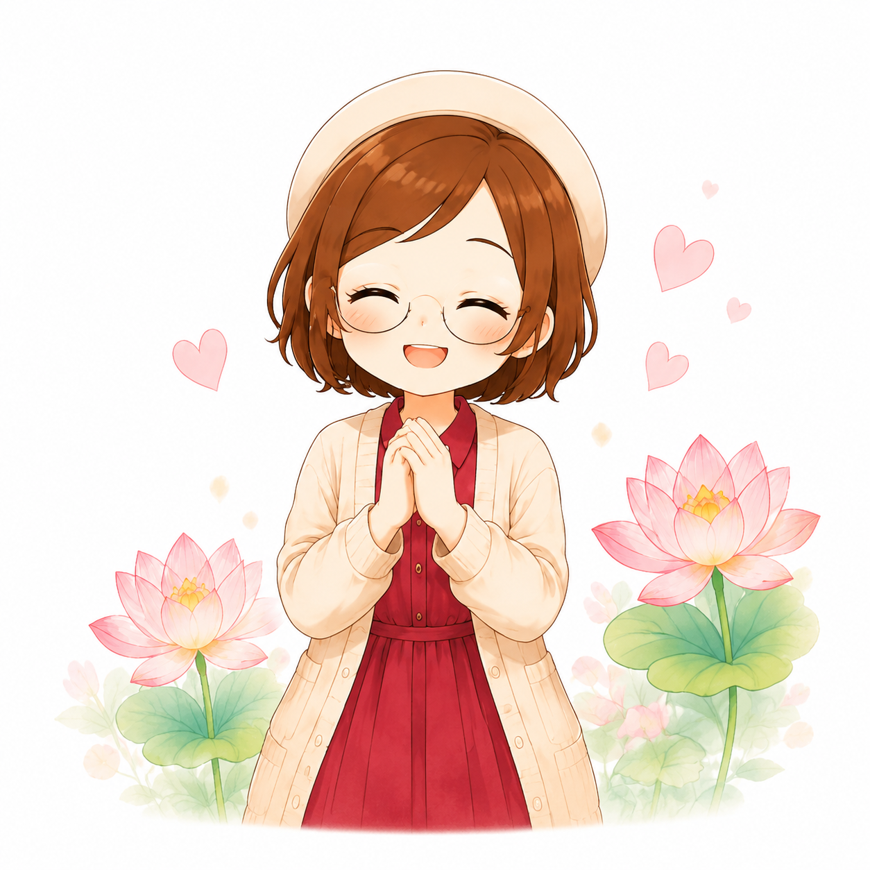 目を閉じて微笑み、手を合わせて感謝するあすみん