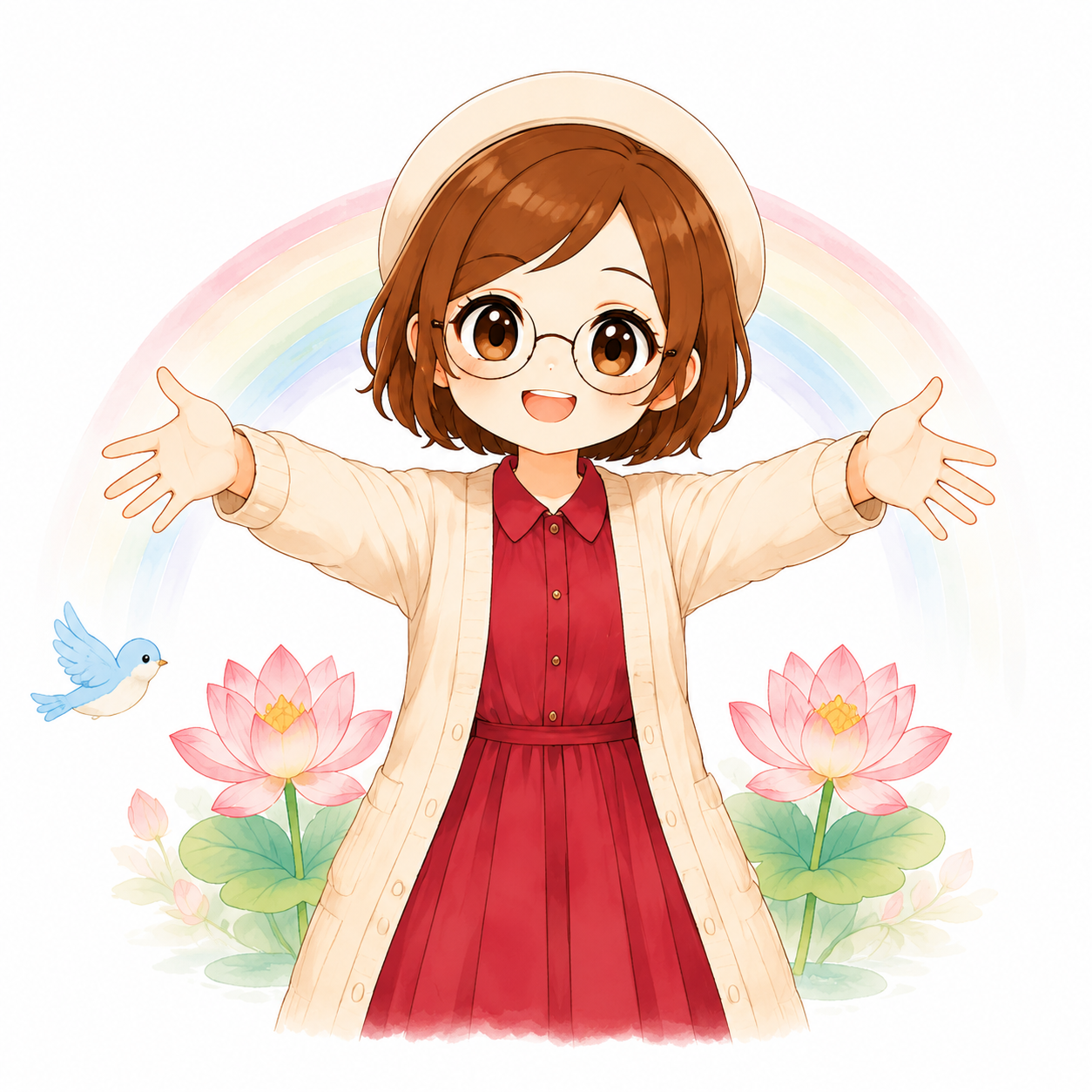 両手を広げ、虹と蓮に囲まれて迎えるあすみん